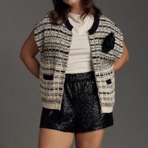 Anthropologie Plus Size Maeve Black/White Knit Vest, Academia, Preppy, Office 1X